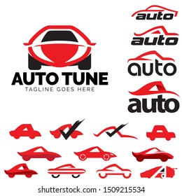A professional collection of automotive logos featuring the letter A, including an Auto Tune emblem and various minimalist car silhouettes. Designed with a dynamic red and black color scheme, these icons are perfect for tuning shops, dealerships, racing teams, and automotive startups.