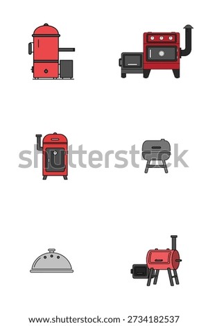A professional collection of BBQ grill and meat smoker icons in flat design style. Featuring various smoker types and grilling equipment for backyard barbecue and restaurant menu branding.