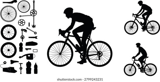 Professional collection of bicycle silhouettes featuring male cyclists riding road bikes and a comprehensive set of bike parts and accessories..