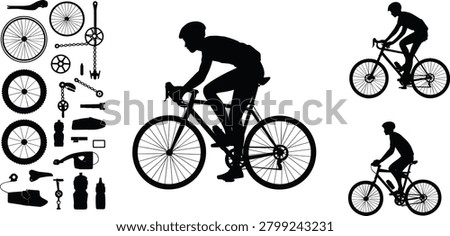Professional collection of bicycle silhouettes featuring male cyclists riding road bikes and a comprehensive set of bike parts and accessories..