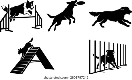 A professional collection of black dog silhouettes depicting various agility and play activities like jumping hurdles and catching discs. These minimalist vector graphics are perfect for pet training websites, animal competition flyers, and veterinary branding.
