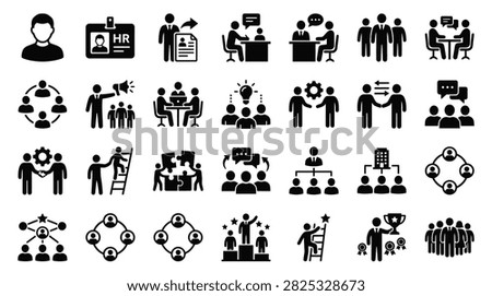 A professional collection of black flat vector icons depicting various business concepts, human resources, leadership, teamwork, and corporate management.