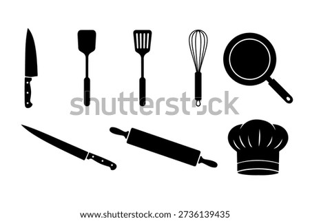 A professional collection of black kitchenware silhouettes including chef knife, spatula, whisk, frying pan, rolling pin, and chef hat isolated on white background. Perfect for restaurant logos, menu designs, and cooking concepts.