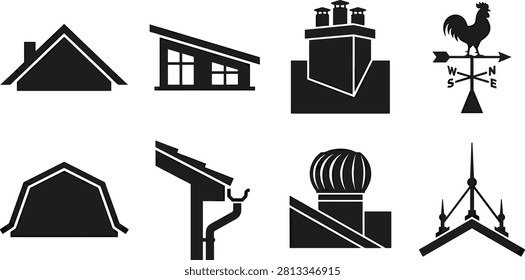 A professional collection of black silhouette roofing and construction icons featuring roof styles, chimney, gutter, roof vent, weather vane, and architectural elements. Ideal for construction branding, roofing services, home improvement, engineering, websites, signage, and print or digital design projects.