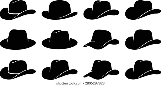 A professional collection of black silhouettes featuring various styles of cowboy hats, fedoras, and bowler hats. This clean vector icon set from image_60151d.png is ideal for western branding, rodeo posters, fashion retail logos, and creative graphic design projects.