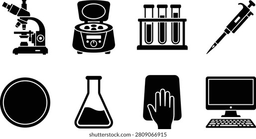 A professional collection of black vector icons representing science education, medical research, and biotechnology workflows on a solid white background. This clean icon set includes a microscope, lab centrifuge, test tube rack, automatic pipette, petri dish, erlenmeyer flask, biometric access scanner, and computer station.