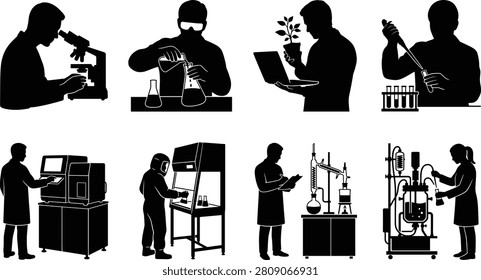 A professional collection of black vector silhouettes depicting scientists and laboratory technicians conducting various experiments and biochemical research. This versatile icon set is ideal for biotechnology concepts, medical healthcare infographics, educational science materials, and pharmacy lab designs.