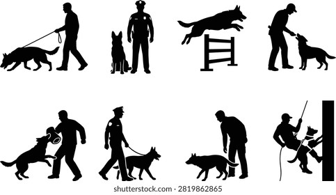 A professional collection of black vector silhouettes depicting K9 police dogs and handlers in various training, tactical, and agility exercises. This versatile illustration set is ideal for law enforcement branding, security service promotion, and educational materials about service animals.