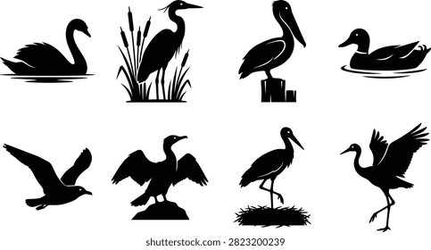 A professional collection of black vector silhouettes featuring various water birds, including a swan, heron, pelican, duck, seagull, and stork in natural habitats. Ideal for wildlife conservation designs, educational materials, nature reserve branding, and environmental awareness campaigns.