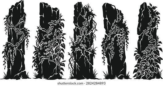 A professional collection of black vector silhouettes featuring tall rock pillars overgrown with hanging lianas, vines, and jungle foliage. Excellent for fantasy landscape designs, game environment concept art, botanical illustrations, and mystical nature backgrounds.