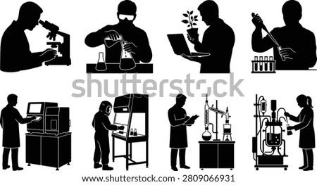 A professional collection of black vector silhouettes depicting scientists and laboratory technicians conducting various experiments and biochemical research. This versatile icon set is ideal for biotechnology concepts, medical healthcare infographics, educational science materials, and pharmacy lab designs.