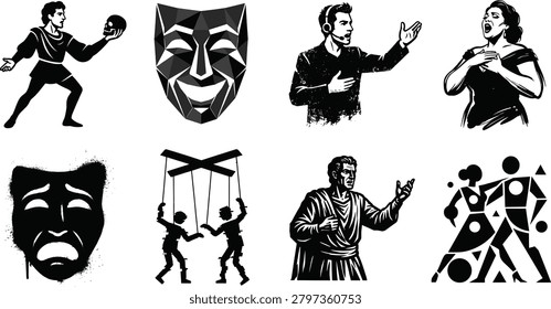 A professional collection of black and white graphic icons representing performing arts and theater elements, including comedy and tragedy masks, marionette puppets, actors, opera singers, and geometric ballroom dancers. This versatile set is ideal for entertainment industry branding, acting school brochures, theater festival posters, and cultural event ticketing websites.