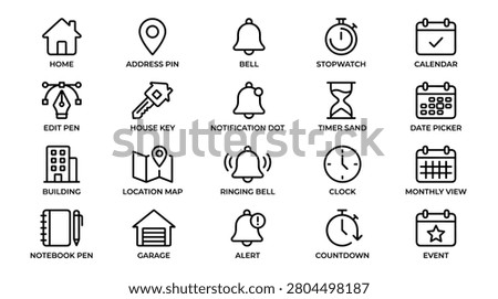 Professional collection of black and white line icons representing various administrative and utility functions. set includes notebook with pen garage alert countdown event monthly view and date picker illustrations perfect for mobile apps and corporate management software.