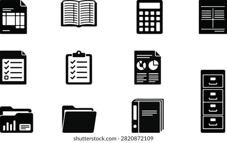 A professional collection of business document management and office filing glyph icons featuring invoices, reports, folders, binders, calculators, checklists, and archive storage. Ideal for accounting, administration, finance, office software, productivity apps, dashboards, and document organization projects.