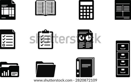 A professional collection of business document management and office filing glyph icons featuring invoices, reports, folders, binders, calculators, checklists, and archive storage. Ideal for accounting, administration, finance, office software, productivity apps, dashboards, and document organization projects.