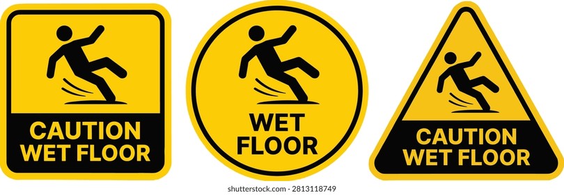 Professional collection of caution wet floor warning signs featuring slip hazard symbols in square, circular, and triangular formats. Ideal for workplaces, shopping malls, restaurants, hospitals, offices, schools, and public safety signage.