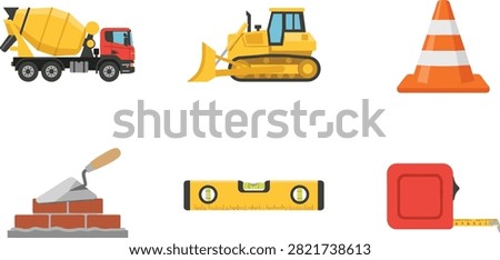 A professional collection of colorful flat vector icons featuring heavy construction machinery and masonry tools. Ideal for construction company branding, engineering software UI, educational materials, and building site safety signage.
