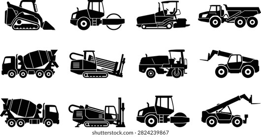 A professional collection of construction heavy equipment silhouettes featuring skid steer loaders, road rollers, asphalt pavers, dump trucks, concrete mixers, drilling rigs, telehandlers, and street sweepers. Ideal for engineering, construction, roadwork, infrastructure, industrial projects, safety manuals, signage, and vector design.