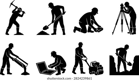 A professional collection of construction worker silhouettes featuring excavation, surveying, trench work, material handling, compaction, and site inspection activities. Ideal for construction companies, engineering projects, safety training materials, infrastructure development, and industrial design applications.