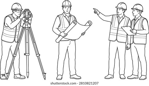 A professional collection of construction workers and engineers in a clean line art style. Perfect for architectural site plans, safety infographics, and industrial design projects.