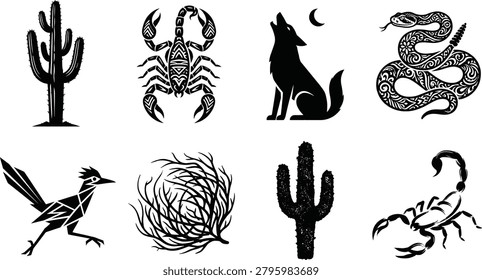 A professional collection of desert-themed graphic elements and animal silhouettes in image_86a2bd.png, featuring a cactus, scorpion, howling wolf, rattlesnake, roadrunner, and tumbleweed. Excellent for western branding, t-shirt prints, travel logos, and wild nature editorial layouts.