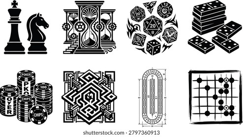 A professional collection of detailed vector illustrations showcasing classic board games, strategy elements, and gaming accessories. Ideal for casino branding, tabletop gaming blogs, entertainment logos, and tournament promotional materials.