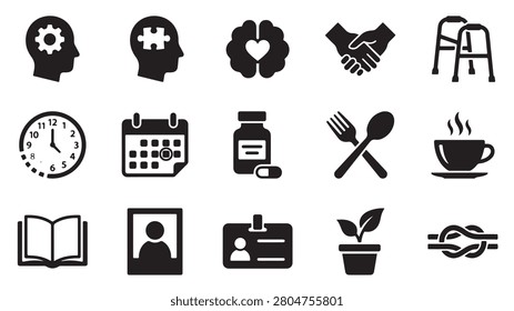 Professional collection of diverse black vector icons depicting essential life activities healthcare concepts time management tools social interaction symbols and personal development elements designed in a clean minimalist flat style for modern web user interfaces or mobile application development projects that require clear and intuitive visual communication assets