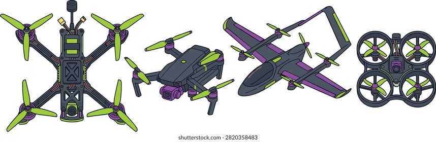 A professional collection of diverse drone designs including racing quadcopters, photography models, and future vertical takeoff aircraft. These vector illustrations are perfect for technology blogs, drone hobbyists, and aerial transport concepts.
