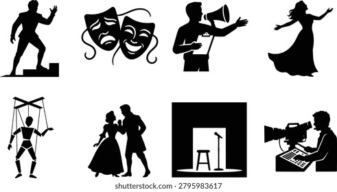 A professional collection of drama and entertainment vector icons featuring comedy tragedy masks, actors, director, stand up stage, and a marionette puppet. Perfect for theatrical, film production, and performance arts design projects.
