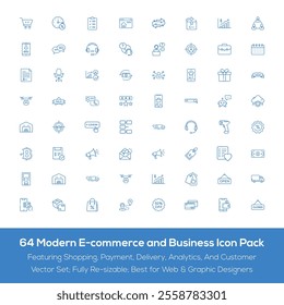 A professional collection of e-commerce and business icons, featuring shopping, payment, delivery, analytics, and customer support designs. Ideal for websites, apps, and digital marketing.