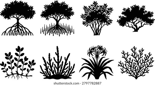 A professional collection of eight black silhouettes featuring diverse coastal flora, including mangrove trees and wetland vegetation. These graphic elements are ideal for environmental conservation projects, educational biology materials, and marine ecology design.
