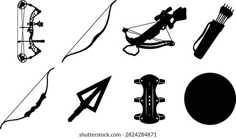A professional collection of eight solid black vector silhouettes showcasing diverse archery gear, traditional bows, and shooting accessories. This clean set is perfect for sporting goods branding, hunting club logos, tournament graphics, and outdoor activity designs.