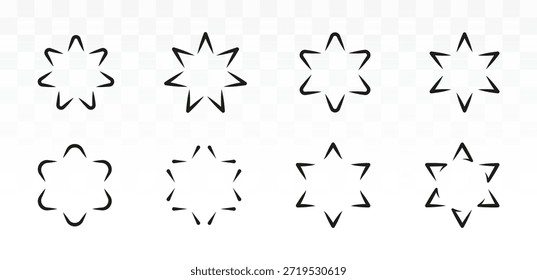 Uma coleção profissional de oito hexagramas únicos ou ícones de seis pontas com contorno de estrelas. Esses elementos vetoriais minimalistas apresentam vários estilos artísticos, como pontos afiados, bordas arredondadas e linhas fragmentadas, tornando-os perfeitos para padrões geométricos, design de logotipo e marca decorativa.