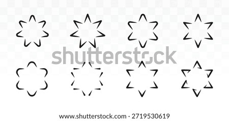 A professional collection of eight unique hexagram or six-pointed star outline icons. These minimalist vector elements feature various artistic styles like sharp points, rounded edges, and fragmented lines, making them perfect for geometric patterns, logo design, and decorative branding.