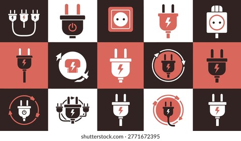 A professional collection of electric plug icons and power symbols presented in a modern vector graphic style. This versatile set features various designs for electrical connectors, sockets, and energy concepts, perfectly suited for web interface design, industrial technology projects, and renewable energy branding applications.