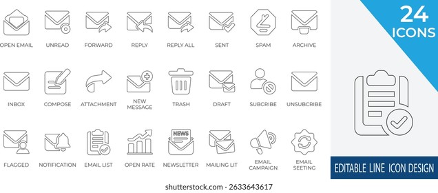A professional collection of email and newsletter line icons featuring inboxes, messages, attachments, spam, and campaign tools.