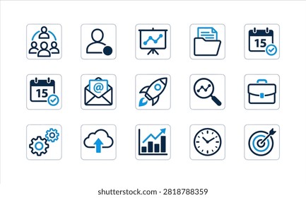 A professional collection of fifteen flat design icons representing business management, productivity, communication, and digital workflow concepts for web UI.