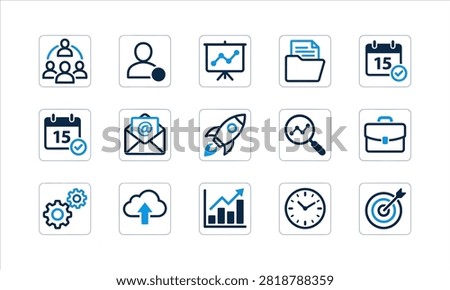 A professional collection of fifteen flat design icons representing business management, productivity, communication, and digital workflow concepts for web UI.