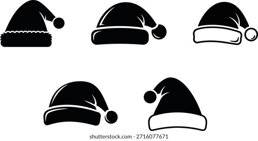 Eine professionelle Kollektion von fünf einzigartigen minimalistischen Weihnachtsmann Hut Silhouetten in verschiedenen Stilen. Mit klassischen Designs mit verschiedenen Falten und Texturen, einschließlich einer flauschigen Pelzbesatz-Version, sind diese sauberen schwarz-weißen Vektorsymbole ideal für Urlaubsbranding, Wintersaisonmarketing und festliche Grafikdesign-Projekte.