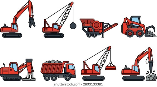 A professional collection of flat vector icons featuring heavy machinery for demolition, scrap metal handling, and waste recycling. These detailed illustrations are perfect for industrial infographics, waste management projects, and construction site presentations.
