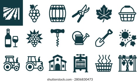 Professional collection of flat vector icons illustrating winemaking and vineyard management including grapes, barrels, tractors, corkscrews, harvest tools, and winery buildings.