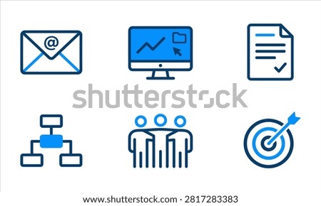 A professional collection of flat vector icons illustrating essential business concepts including digital communication, data analysis, and team strategy.