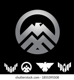 A professional collection of flat vector logos featuring a powerful "Eagle Insignia" concept. The primary design showcases a stylized silver eagle or hawk silhouette integrated into a circular metallic shield. This set includes multiple geometric variations with spread wings and sharp, modern lines. In a sophisticated silver and black palette, these emblems are perfect for security firms, aviation companies, tactical gear brands, and high-end automotive identities.
