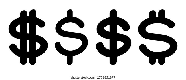 A professional collection of four dollar signs featuring various solid colors and clean hand style graffiti tag outlines. Perfect for creating a consistent financial theme in urban designs.