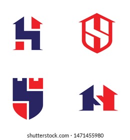 A professional collection of four house security vector logos featuring clever integrations of the letters S and H. The set showcases geometric house silhouettes combined with protective shield elements and fortress battlements, forming unique S and H monograms. Using a bold red and navy blue color palette, these icons symbolize reliability, home safety, property protection, and elite security systems. Ideal for residential security firms, real estate agencies, locksmiths, and smart home technology startups.
