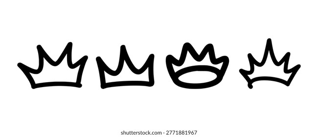 A professional collection of four king crown icons featuring various solid colors and clean hand style graffiti tag outlines. Perfect for creating a consistent royal theme in urban projects.