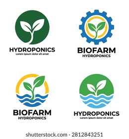 A professional collection of four unique logo designs for hydroponics and biofarming. Featuring stylized green leaves, water waves, and mechanical gear icons.