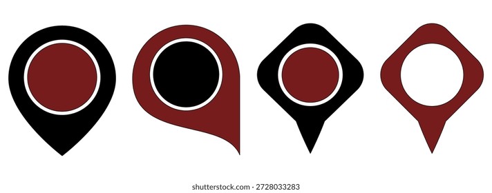 Uma coleção profissional de quatro ícones únicos de marcadores de posição de mapa com uma sofisticada paleta de cores preto e vermelho marrom. O conjunto inclui pinos clássicos em forma de lágrima, arredondados e diamante com pontos focais circulares centrais, perfeitos para aplicativos de navegação, sites de viagens e marcação de localização geográfica.