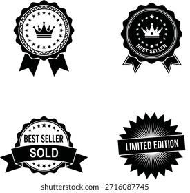Una colección profesional de cuatro insignias únicas de marketing minorista minimalista. Con sellos "Best Seller" con emblemas de la corona, una insignia de Estado "Vendido" y un sello de explosión de sol "Edición Limitada", estos íconos en blanco y negro de alto contraste son perfectos para el comercio electrónico, el etiquetado de productos y los gráficos promocionales.