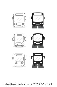 Eine professionelle Sammlung von Frontview-Bus-Icons mit sowohl dünnen Linien Kunst und soliden schwarzen Stilen. Perfekt für Stadtpläne und mobile Anwendungen im Nahverkehr.